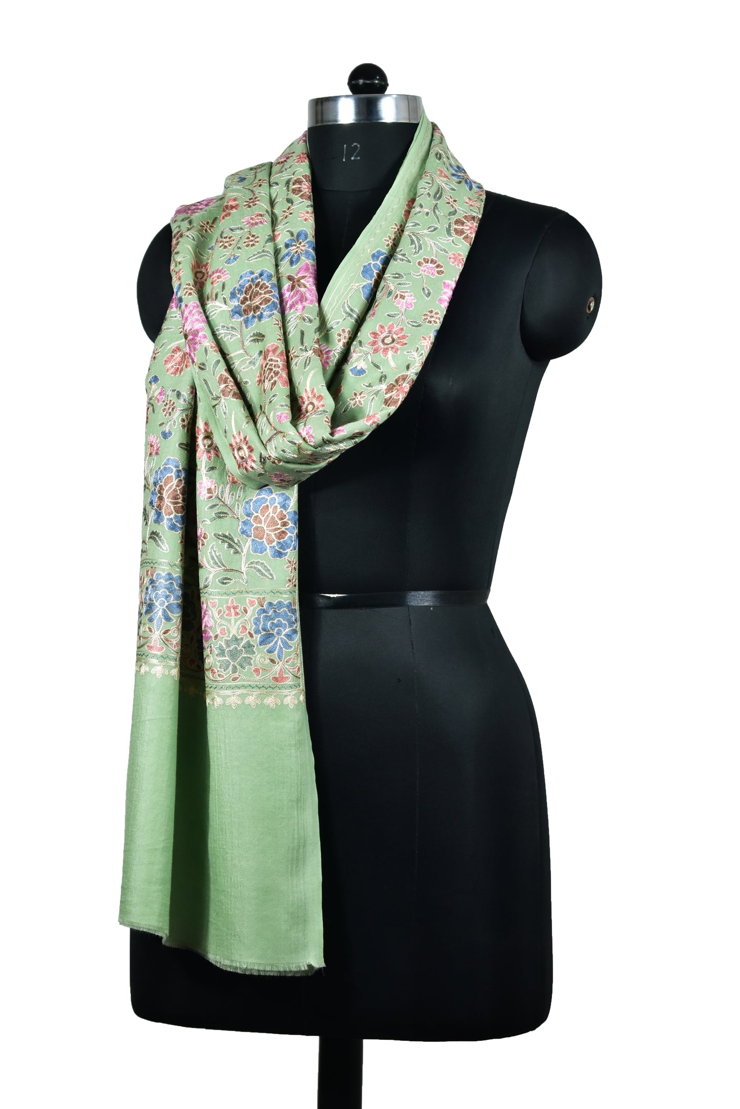 Riem Cashmere Wool Stole in Matcha Green with Artful Sozni Ari Embroidery – Multicolor Splendor