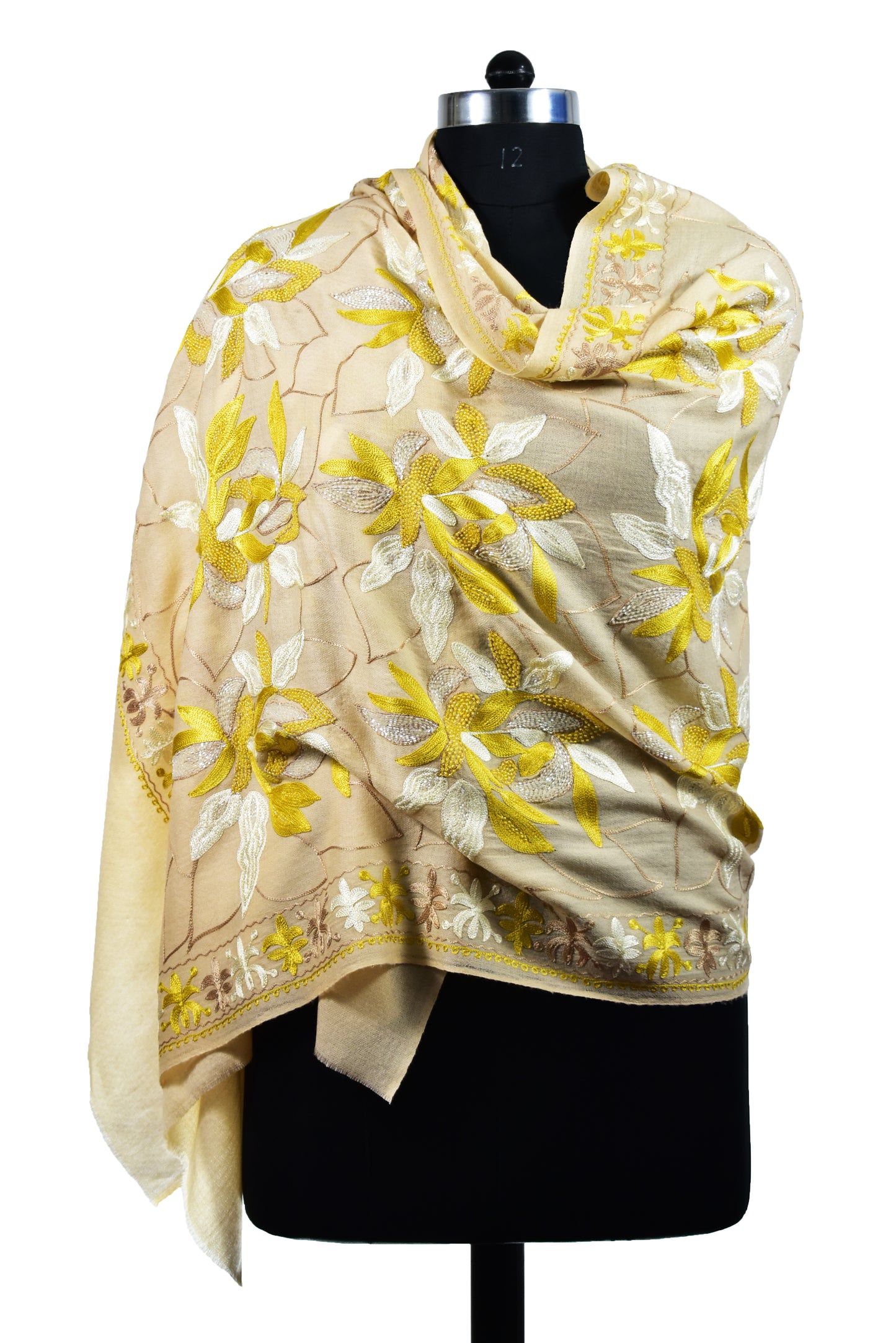 Luxurious Cashmere Wool Stole in Mexican Cornsilk Yellow with Intricate Leaf Motifs with Artisan Ari & Handwork Embroidery by Riem