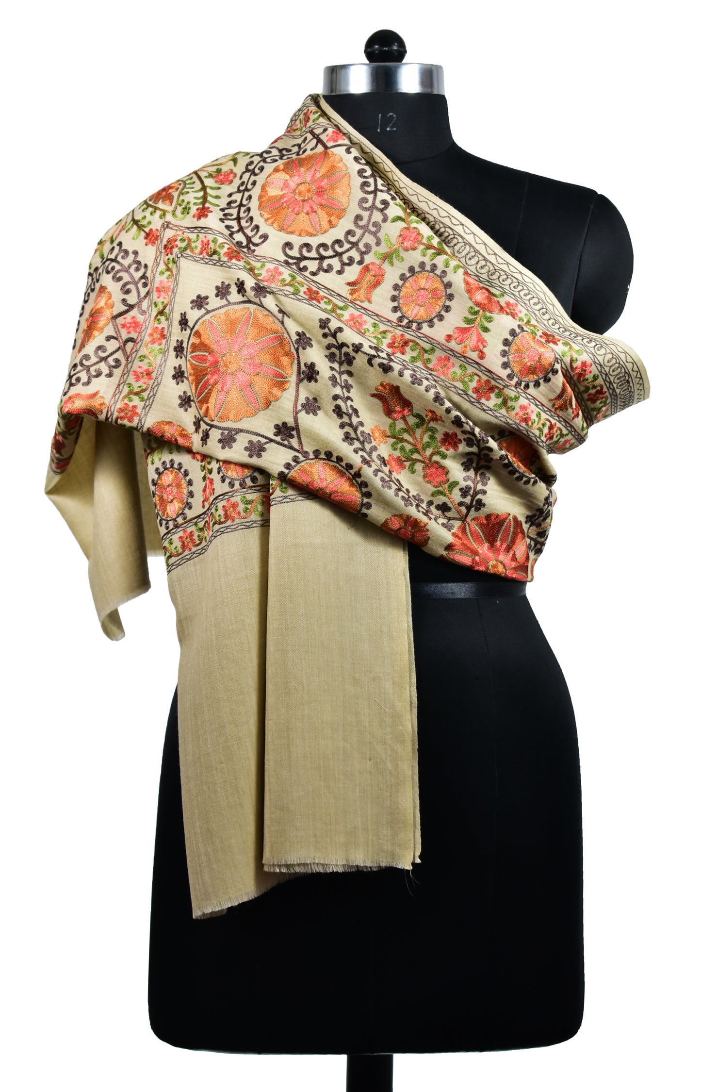 Cashmere Wools stole in natural beige with all over flower motifs in ari embroidery, multicolor by Riem