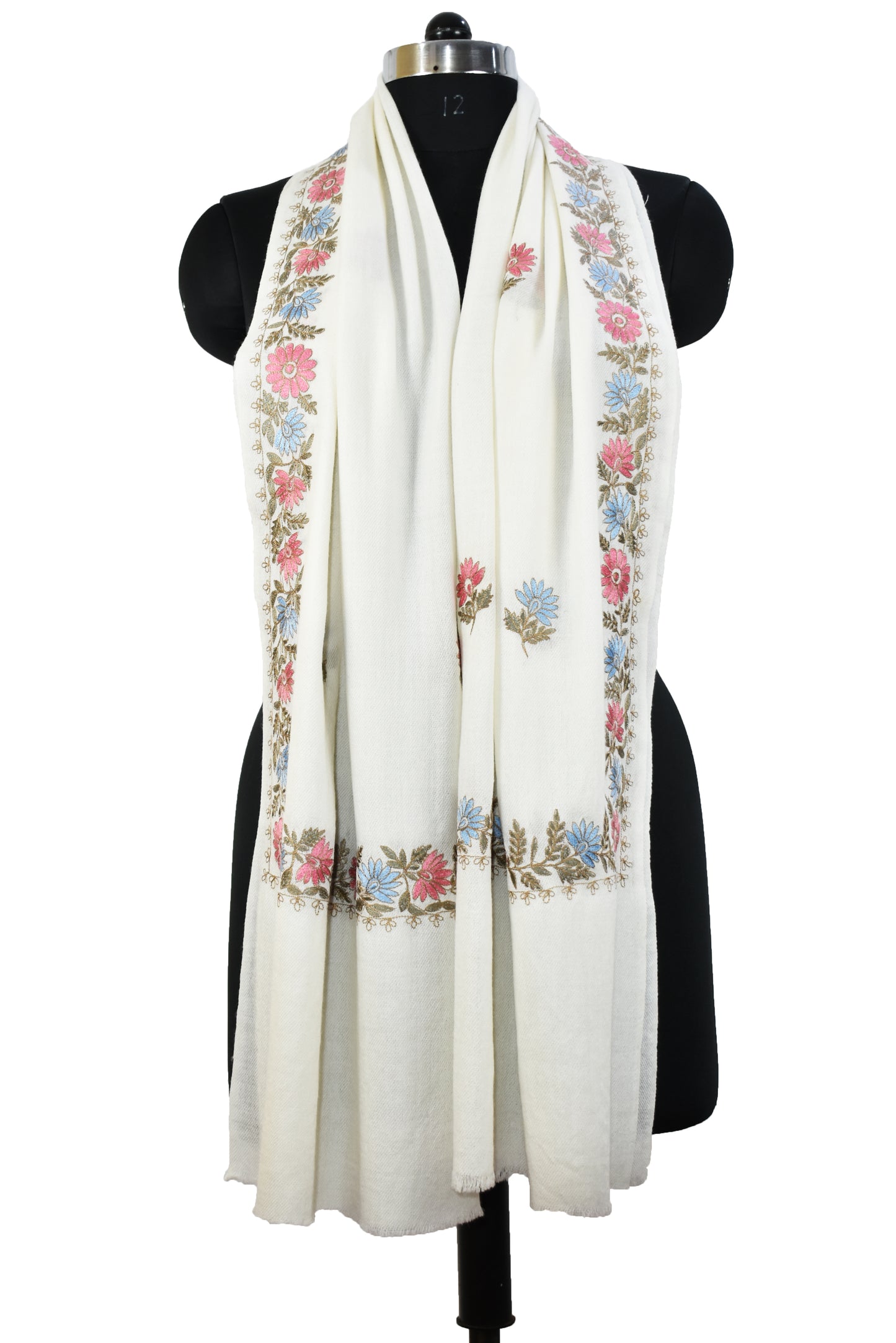 Luxurious Kashmiri Cashmere Wool Stole in White with Multicolor Hashidar Floral Flower Vein Design Single Stitch Embroidery