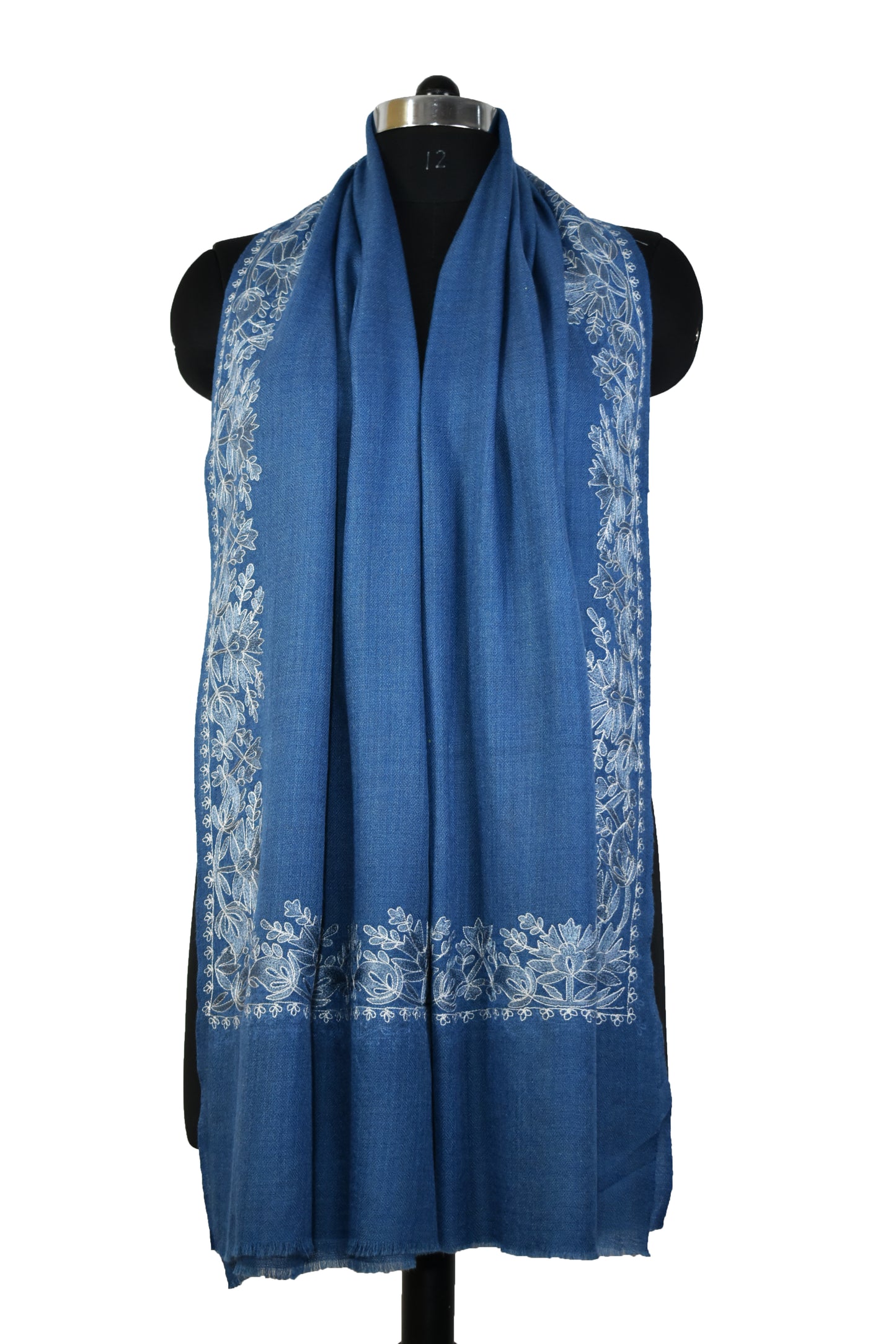 Royal Kashmiri Cashmere Wool Stole in Yale Blue with Multicolor Hashidar Single Stitch Embroidery Floral Flowers Deign Border