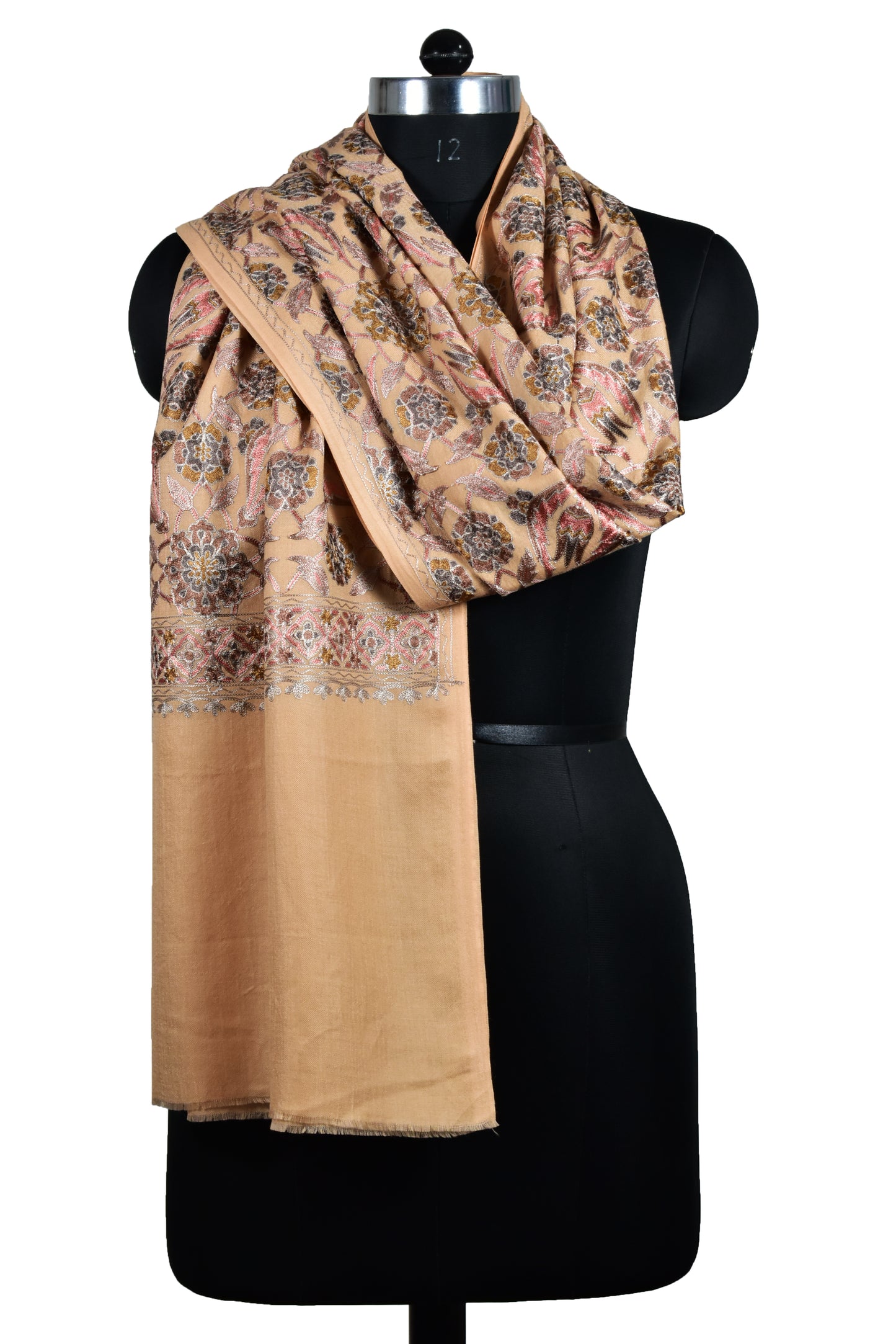 Italian Sepia Beige Cashmere wool stole with all over Persian flower motifs made with sozni ari embroidery