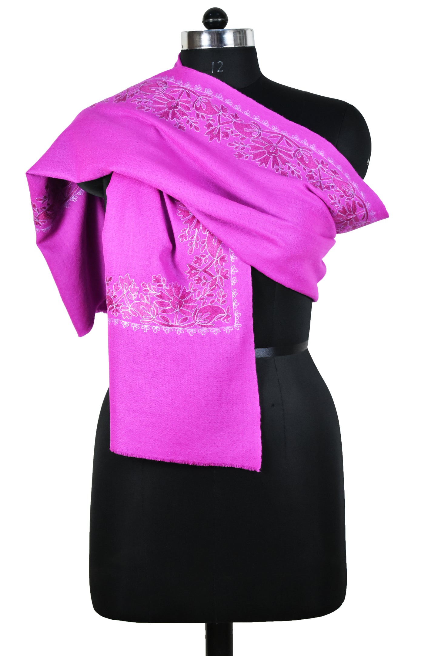 Kashmiri Cashmere Wool Luxury Stole in Barbie Pink – Handwoven with Hashidar Art Single Stitch Floral Vine Embroidery by Riem