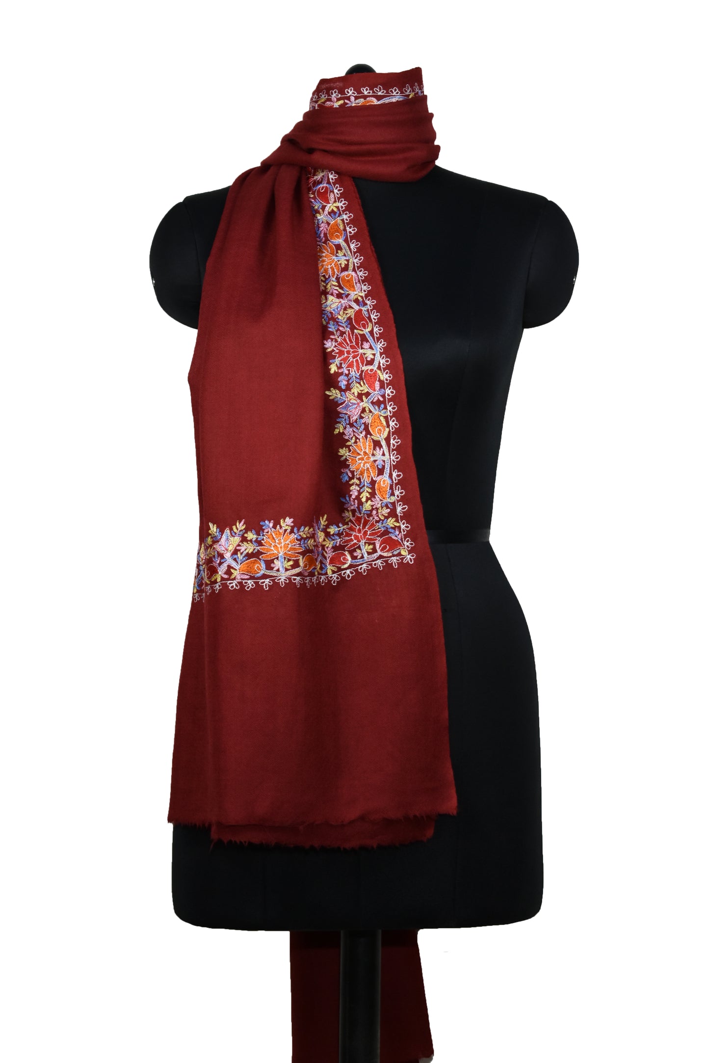 Kashmiri Cashmere Wool Luxury Stole in Maroon Red with Multicolor Hashidar Single Stitch Floral Vein Embroidery