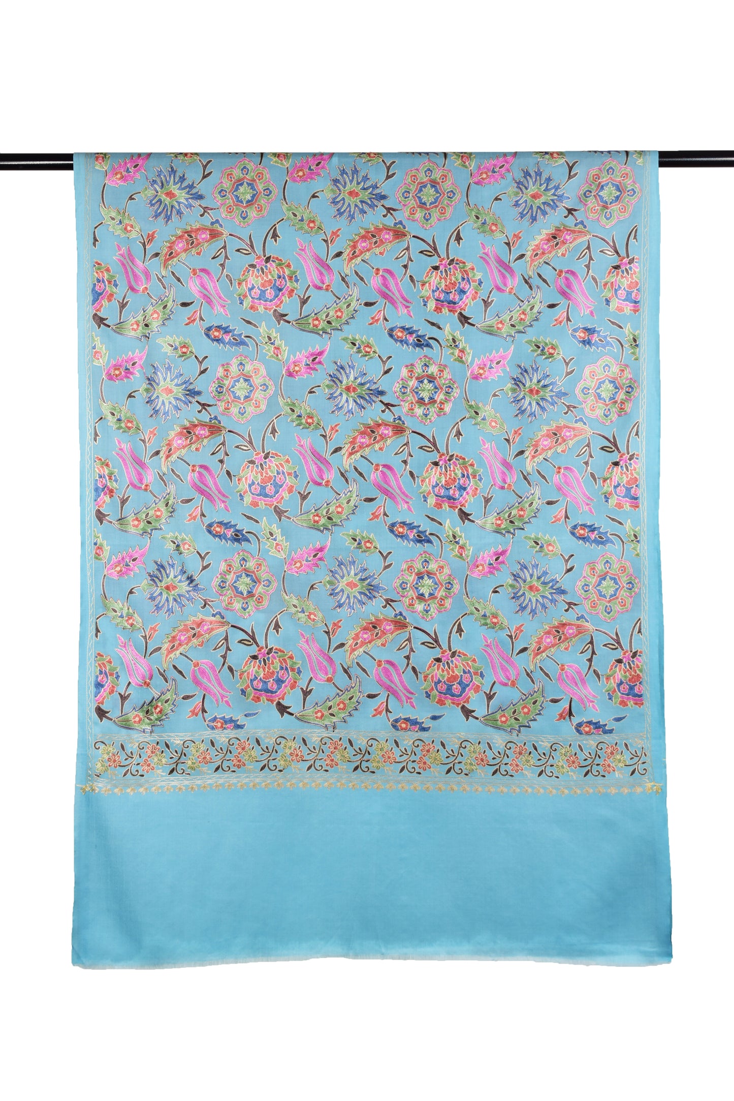 Riem Cashmere Wool Stole in Seagull Blue with Intricate Sozni Ari Embroidery – Multicolor Elegance