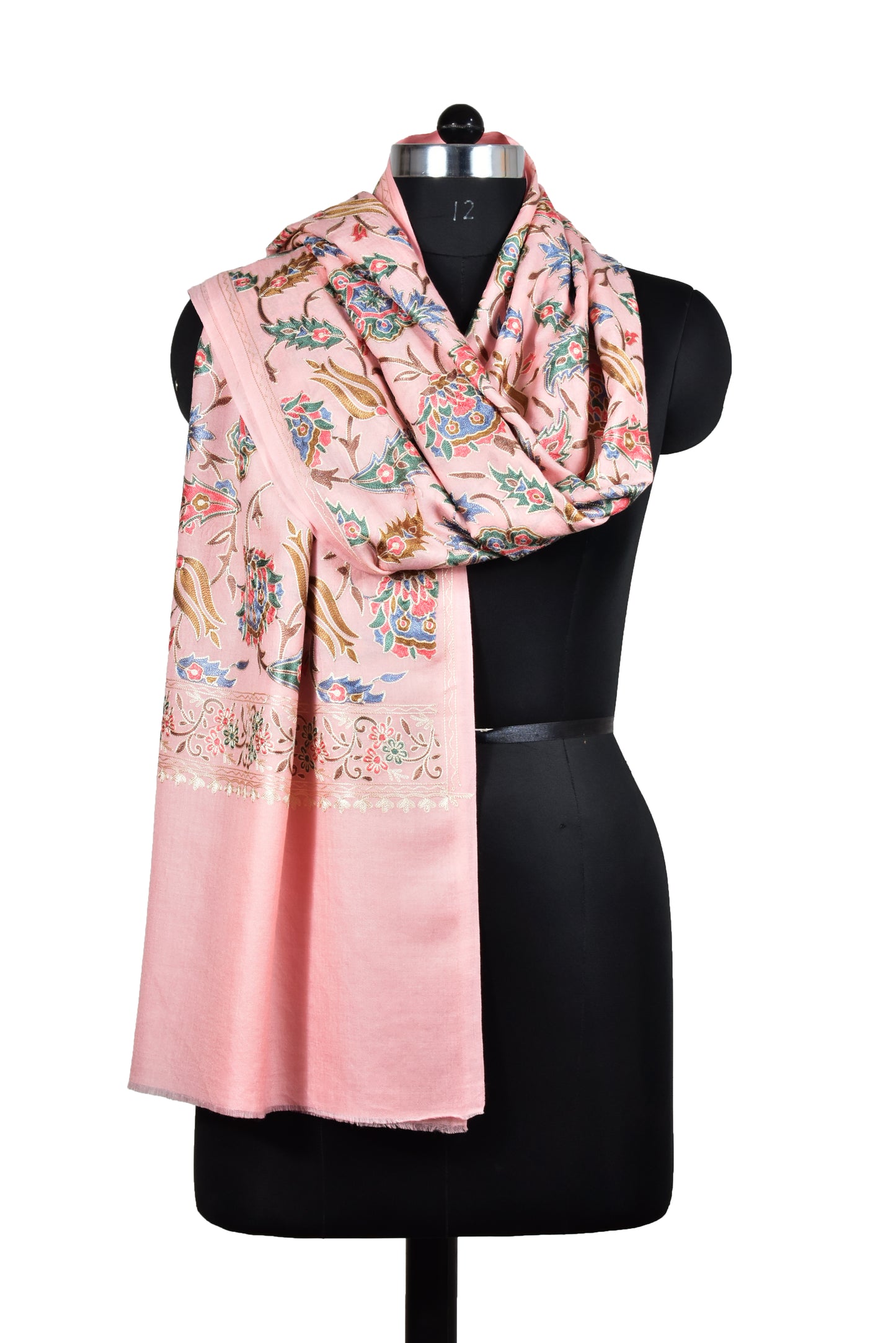 Riem Cashmere Wool all over elegant Sozni Ari Embroidery Stole, Ivory Pink, Multicolor