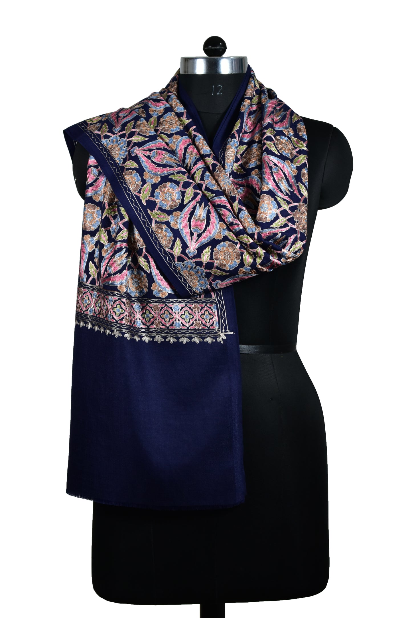 Luxurious Italian Indigo Berry Blue Cashmere Wool Stole with Persian Floral Motifs in Exquisite Sozni Ari Embroidery