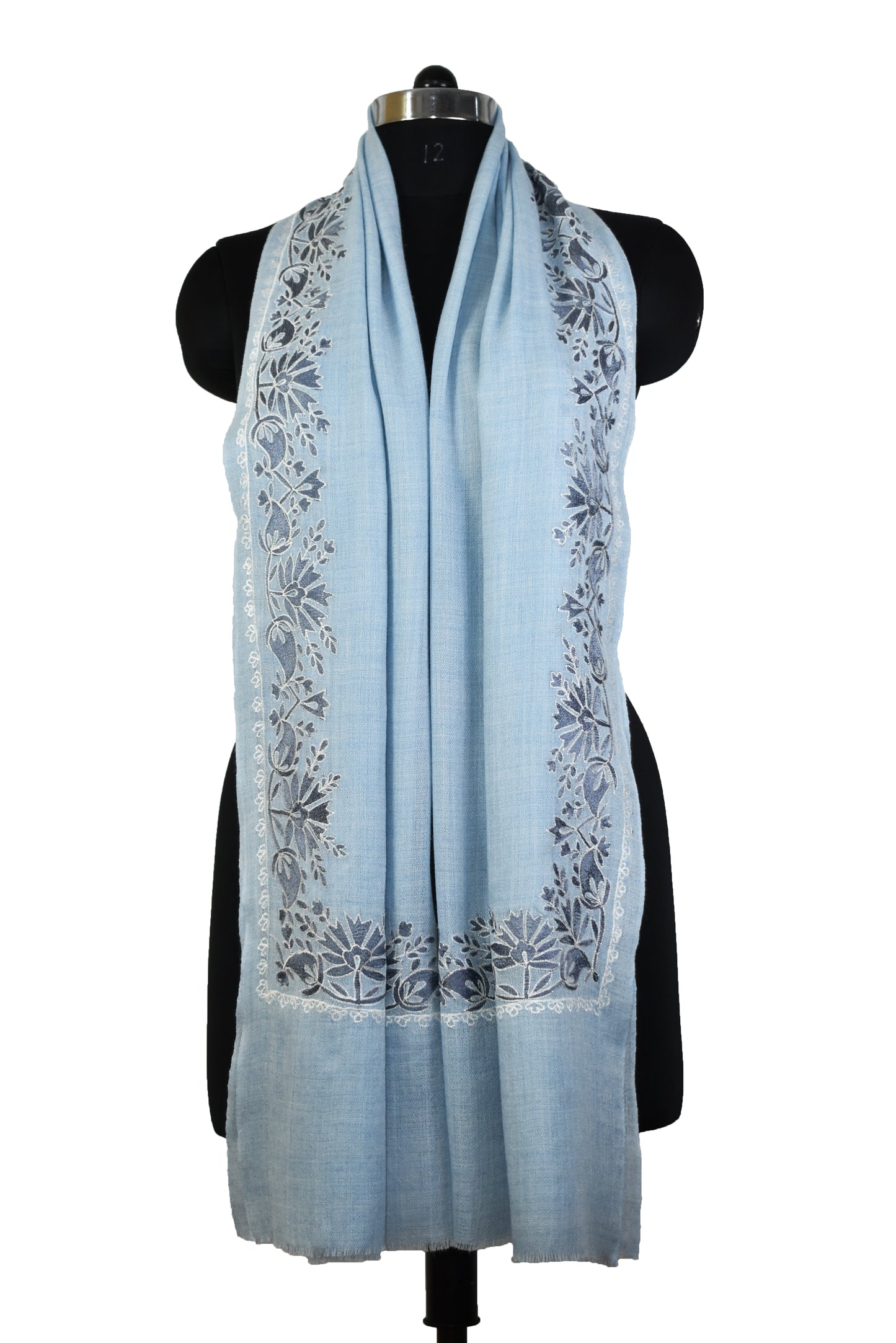 Elegant Kashmiri Cashmere Wool Stole in Ivory Light Blue with Multicolor Hashidar Single Stitch Floral Flowers Deign Embroidery Border