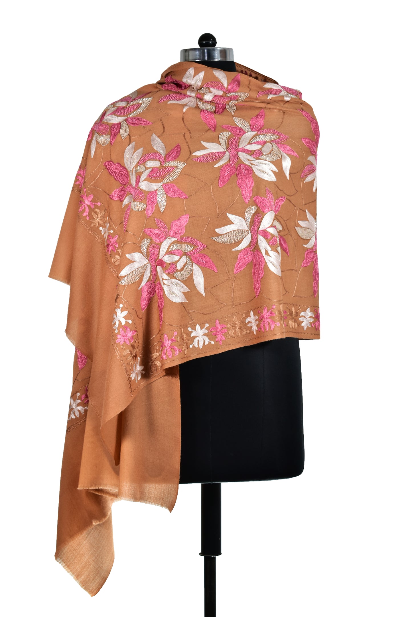 Cashmere Wool Stole in Italian Sienna Brown with Handcrafted Leaf Motifs and Exquisite Ari and Handwork Embroidery by Riem