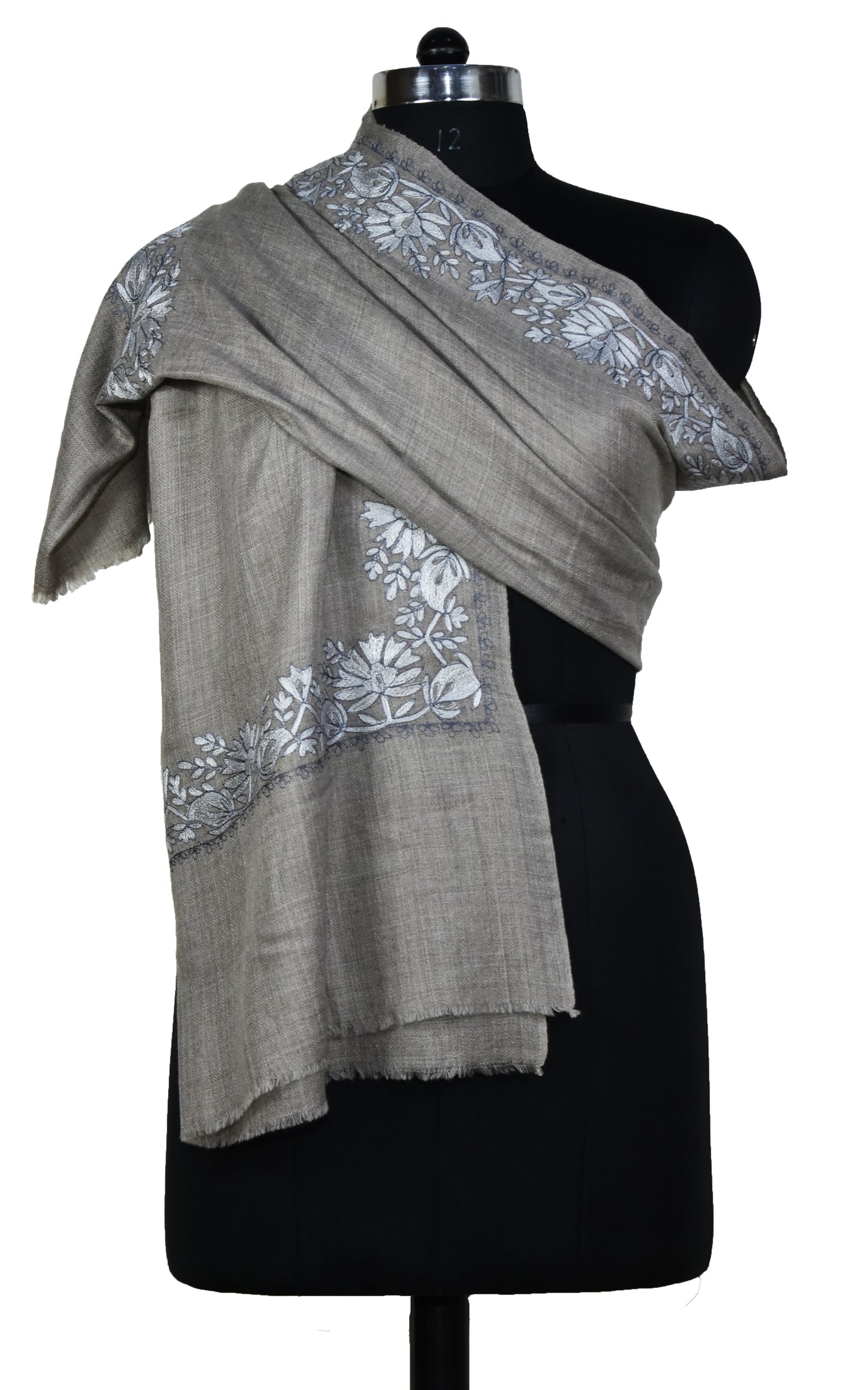 Elegant Kashmiri Cashmere Wool Stole in Greyish Beige with All-Over Floral Vein Hashidar Single Stitch Embroidery