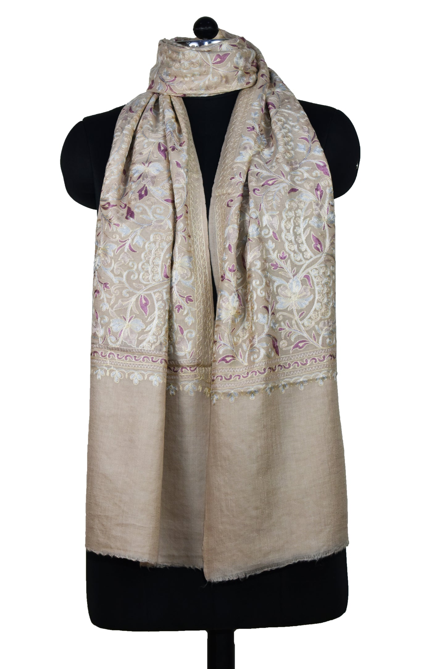 Kashmiri Aari Embroidered Cashmere Wool Stole Purple Leaf and Flower Veins design, Natural beige, Multicolor, All over