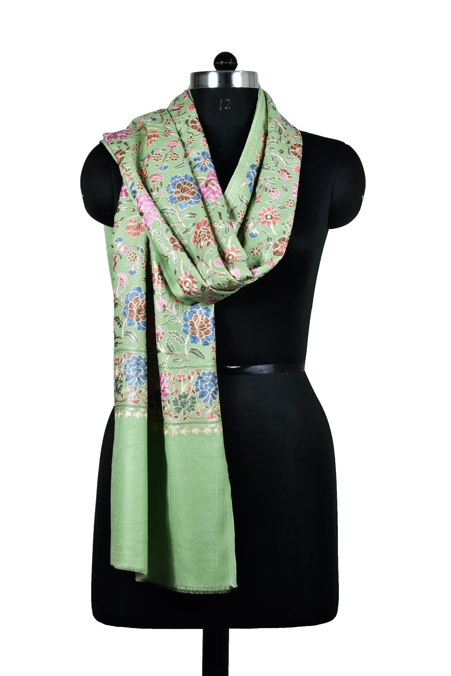 Riem Cashmere Wool Stole in Matcha Green with Artful Sozni Ari Embroidery – Multicolor Splendor