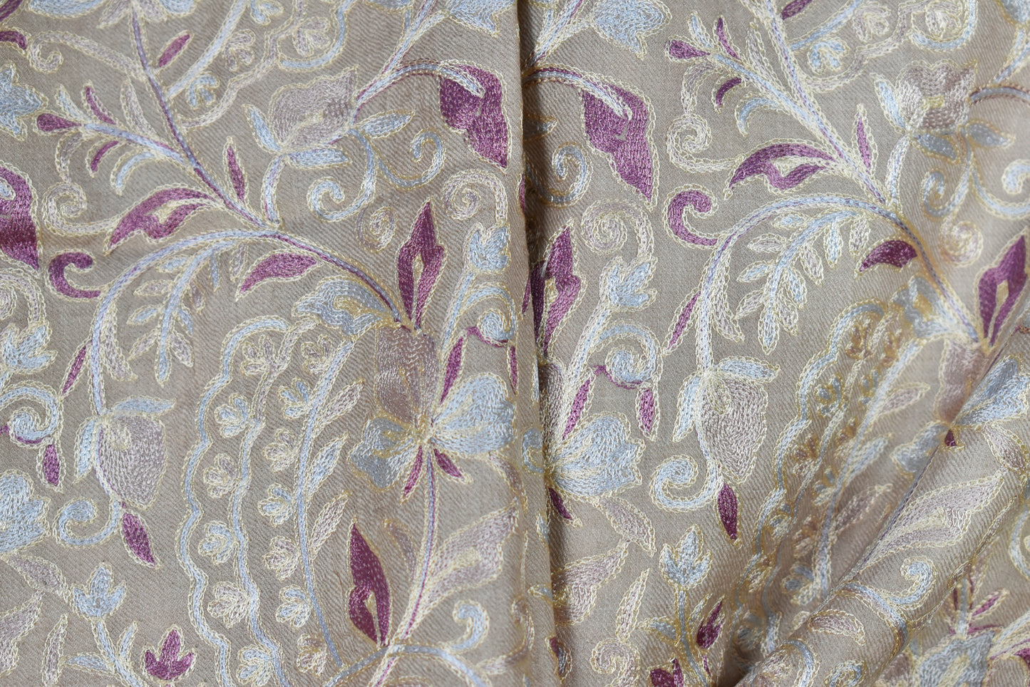 Kashmiri Aari Embroidered Cashmere Wool Stole Purple Leaf and Flower Veins design, Natural beige, Multicolor, All over