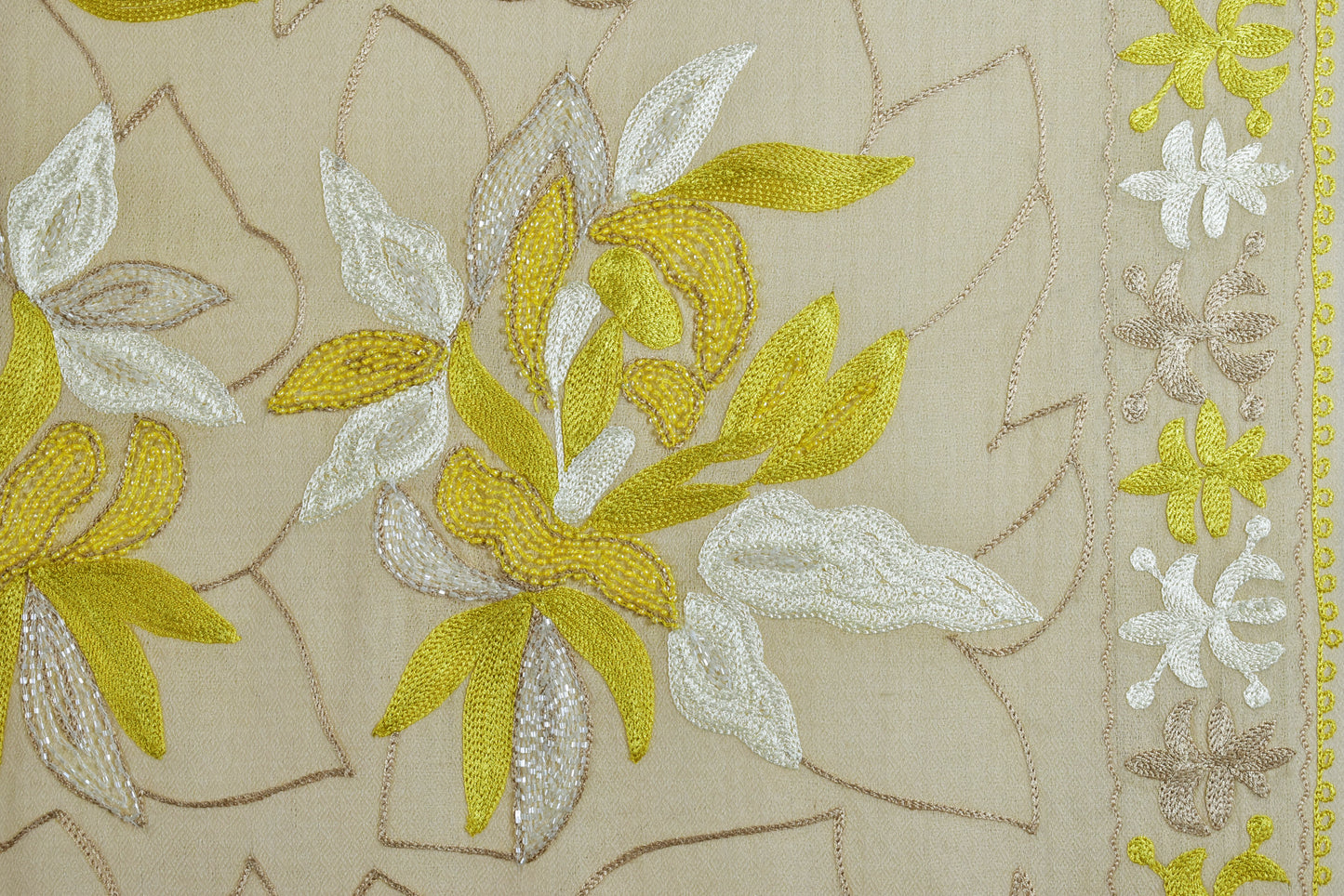 Luxurious Cashmere Wool Stole in Mexican Cornsilk Yellow with Intricate Leaf Motifs with Artisan Ari & Handwork Embroidery by Riem