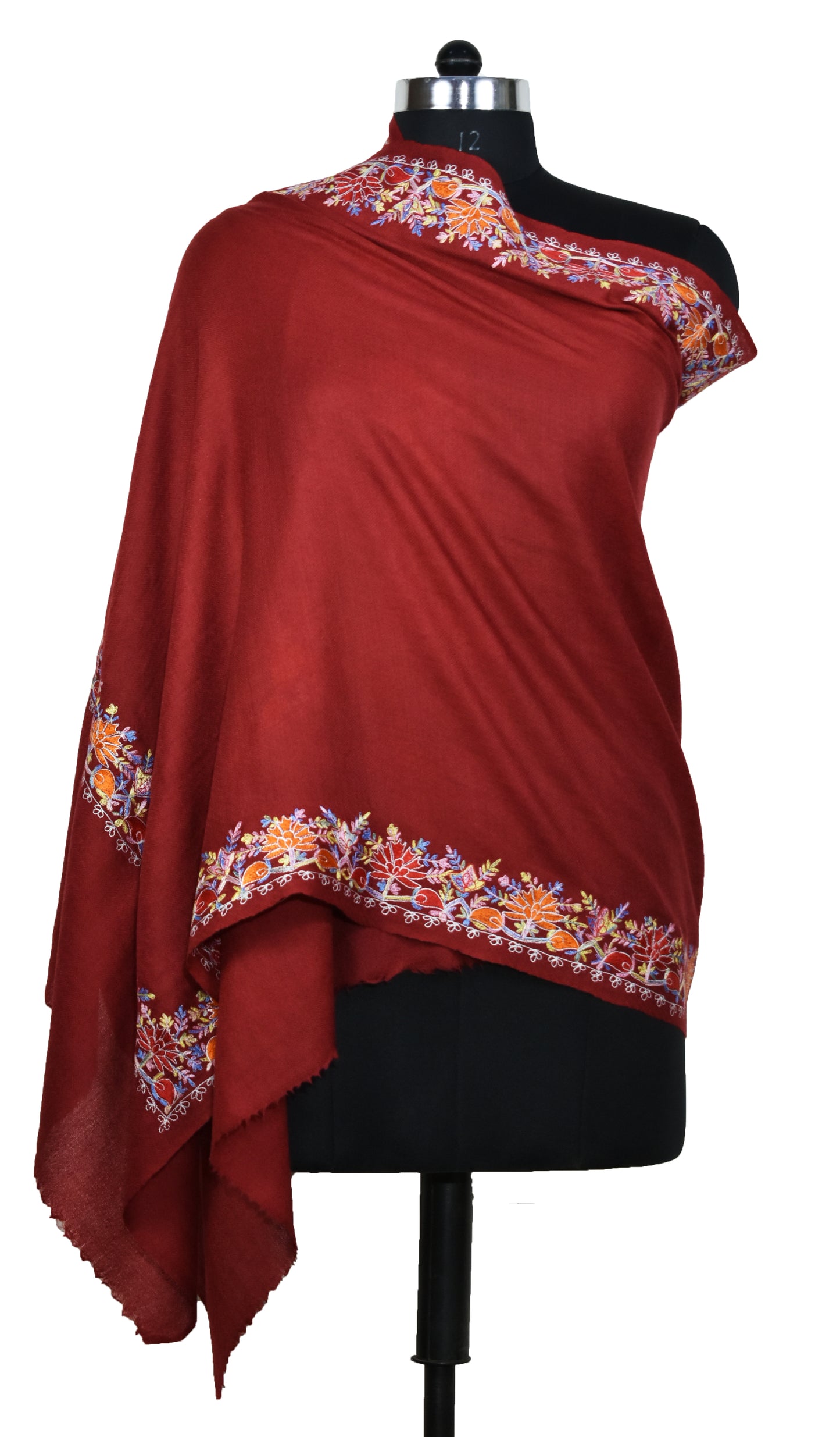 Kashmiri Cashmere Wool Luxury Stole in Maroon Red with Multicolor Hashidar Single Stitch Floral Vein Embroidery