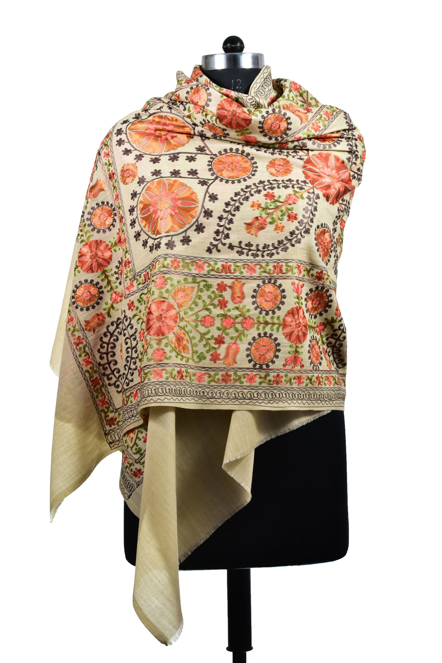 Cashmere Wools stole in natural beige with all over flower motifs in ari embroidery, multicolor by Riem