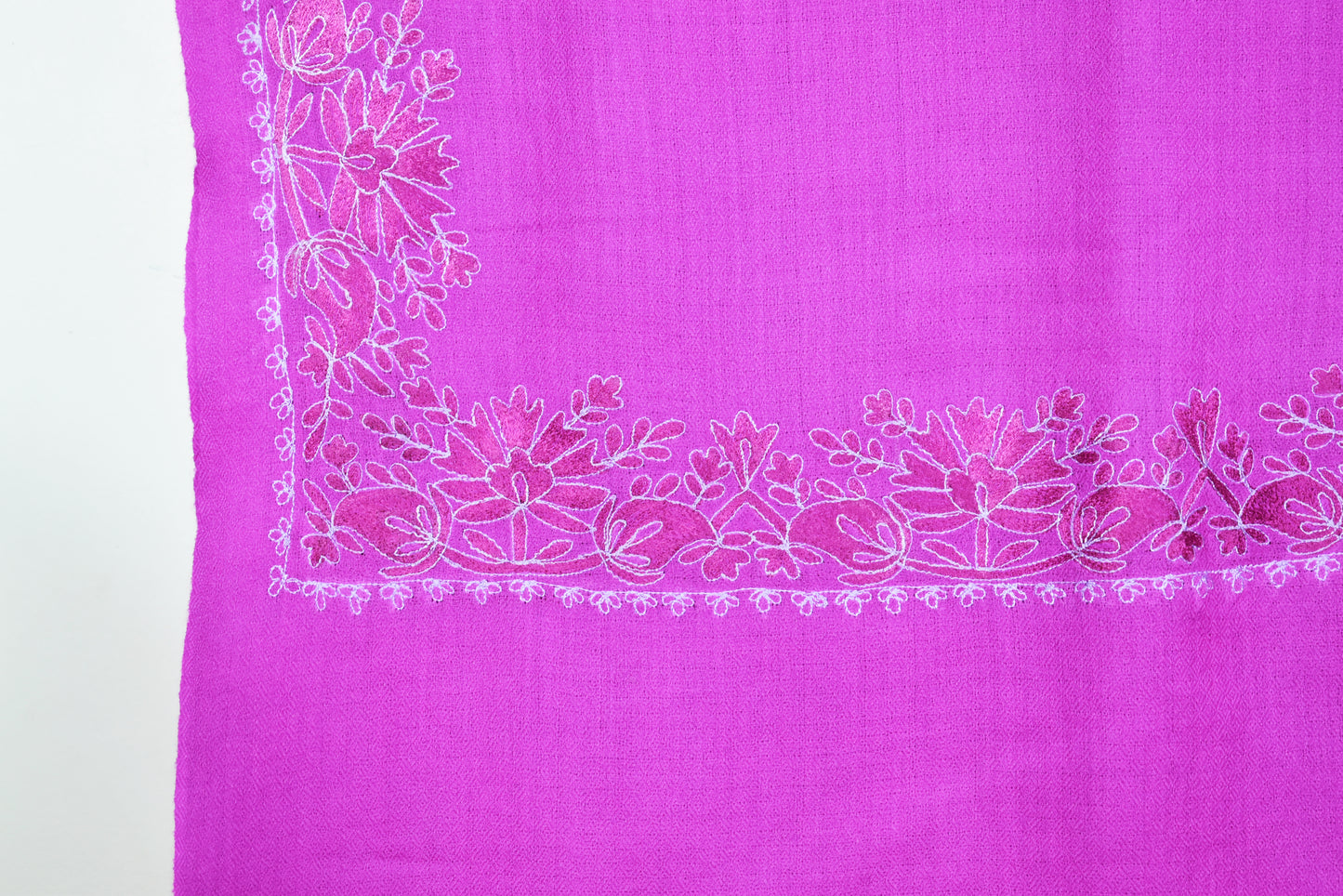 Kashmiri Cashmere Wool Luxury Stole in Barbie Pink – Handwoven with Hashidar Art Single Stitch Floral Vine Embroidery by Riem