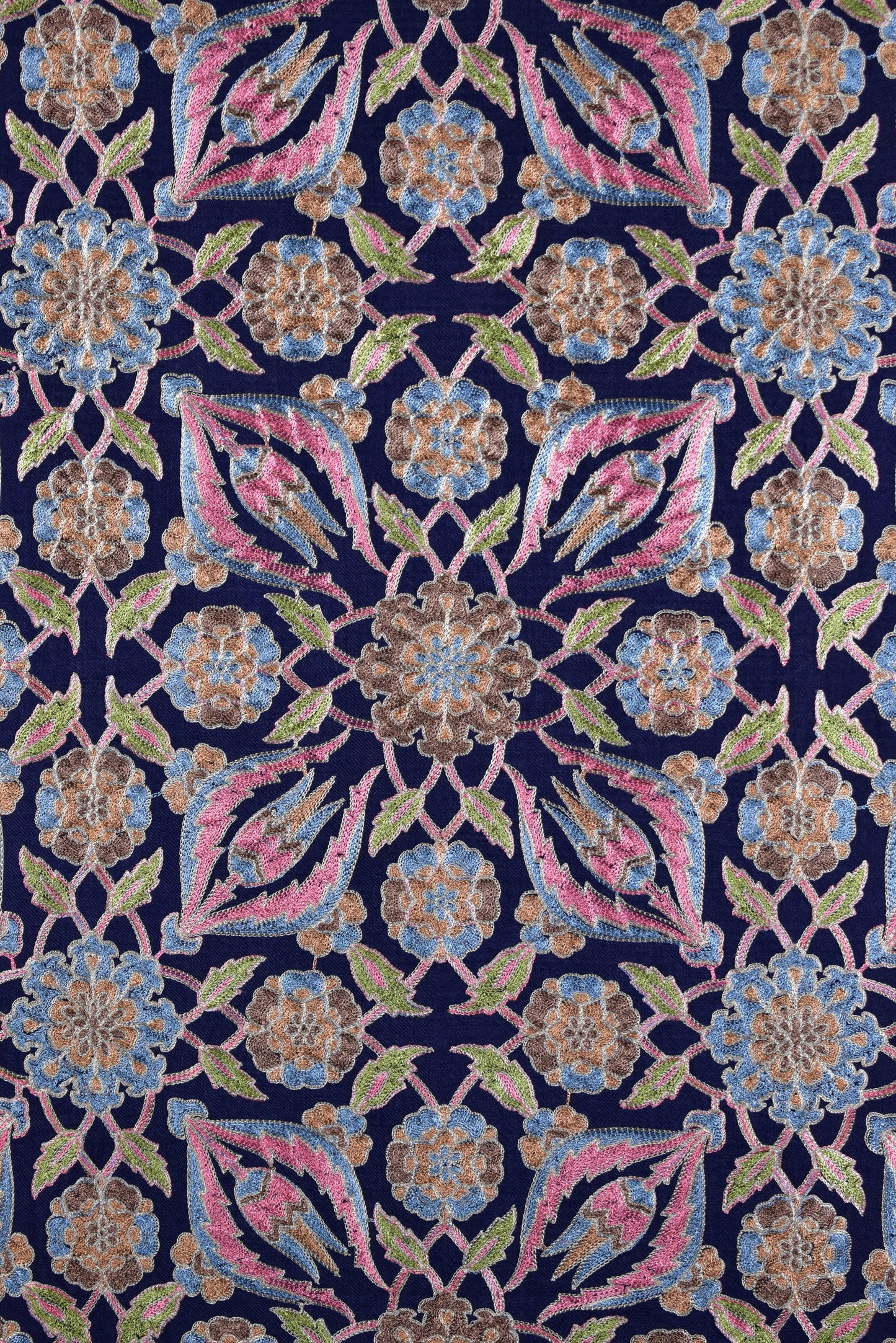 Luxurious Italian Indigo Berry Blue Cashmere Wool Stole with Persian Floral Motifs in Exquisite Sozni Ari Embroidery