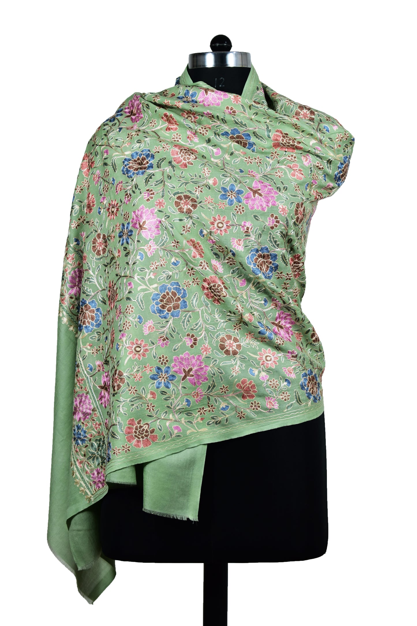 Riem Cashmere Wool Stole in Matcha Green with Artful Sozni Ari Embroidery – Multicolor Splendor