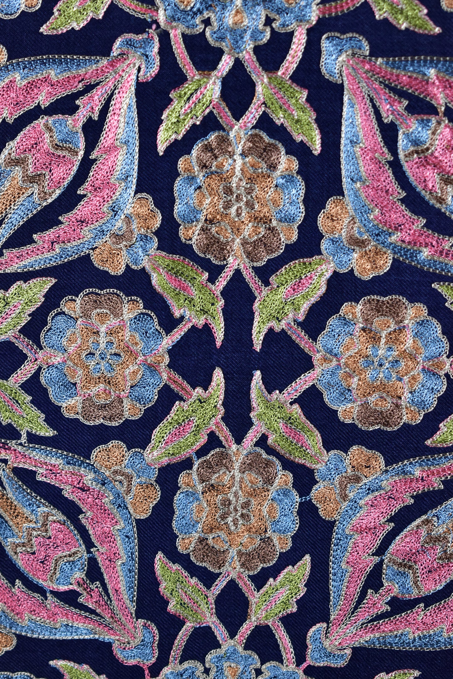 Luxurious Italian Indigo Berry Blue Cashmere Wool Stole with Persian Floral Motifs in Exquisite Sozni Ari Embroidery