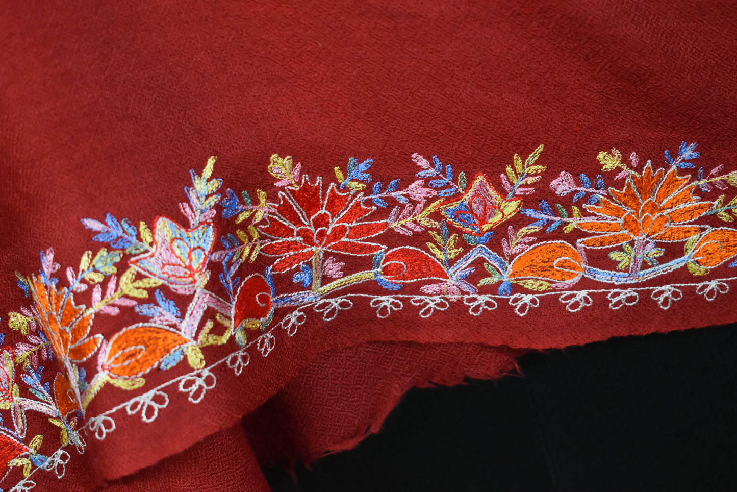 Kashmiri Cashmere Wool Luxury Stole in Maroon Red with Multicolor Hashidar Single Stitch Floral Vein Embroidery