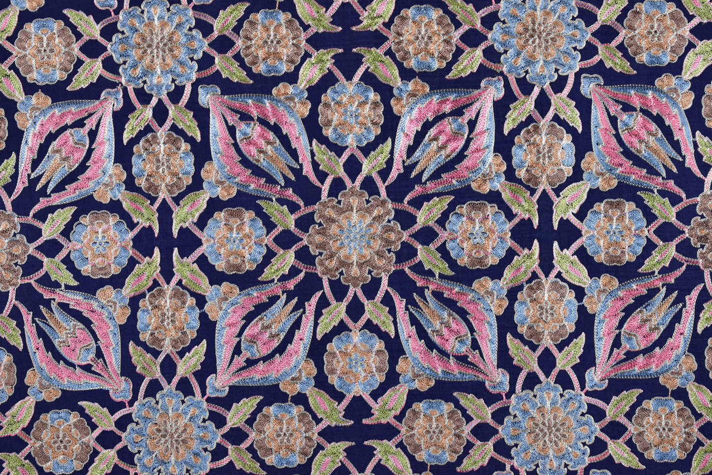 Luxurious Italian Indigo Berry Blue Cashmere Wool Stole with Persian Floral Motifs in Exquisite Sozni Ari Embroidery