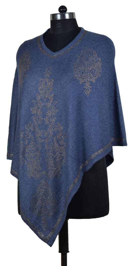 Himalayan Butta Design, Royal Cashmere Wool Savroski Hot Fix Crystals Embellished Poncho, Neck and Border Stripes Royal Blue, Multicolor