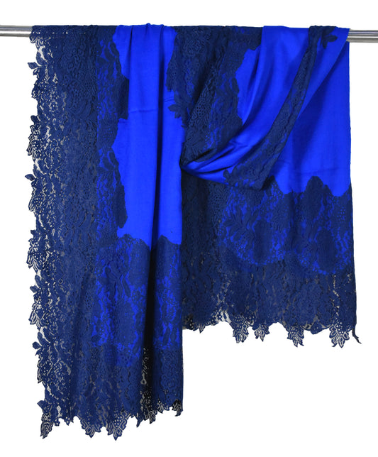 Lace stole, French lace stole, blue lace stole, blue stole, lace shawls, French lace Shawl, Cashmere wool stole, Cashmere wool shawls, Stole for women, Stole for gifting, Gifting, party wear, wedding wear, latest design stole, casual wear