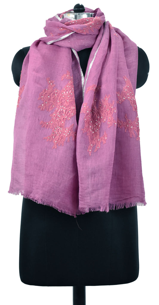 Linen Purple Stole | French Lace on Border with Savroski (Hot Fix Stone) | Riem Arts